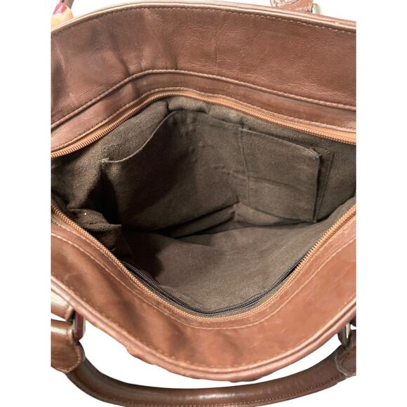 Vintage 1990s Brown Faux Leather Satchel Tote Handbag Silvertone Hardware - Picture 8 of 8